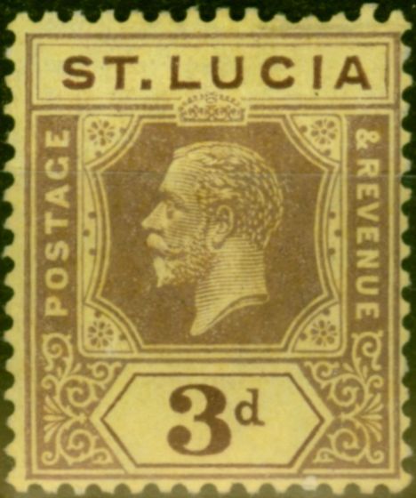 Rare Postage Stamp St Lucia 1921 3d on Pale Yellow SG82b Die II Fine LMM