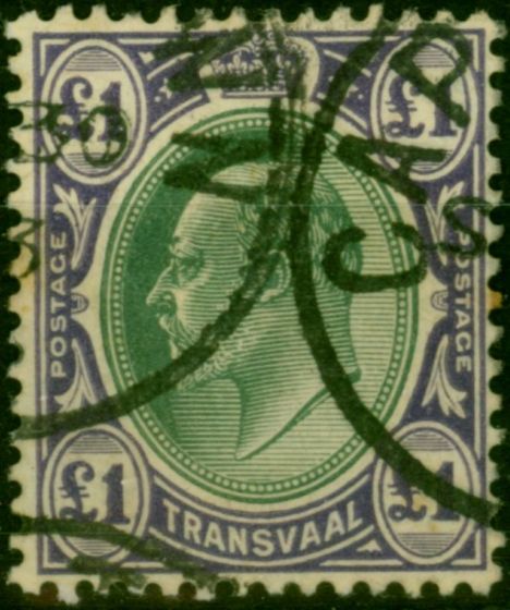 Transvaal 1908 £1 Green & Violet SG272a Chalk Fine Used . King Edward VII (1902-1910) Used Stamps
