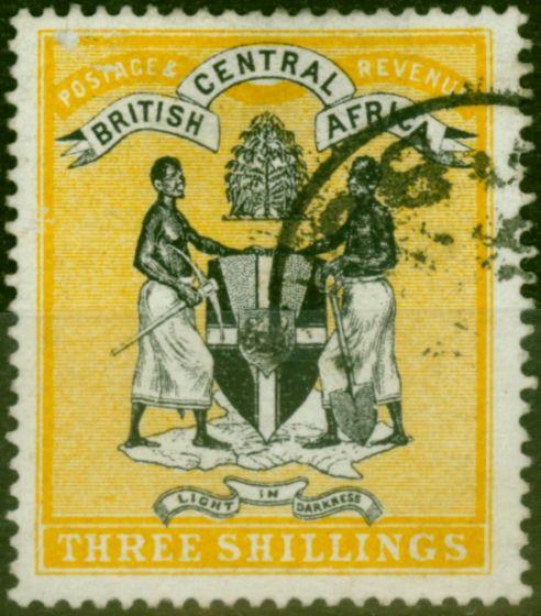 Rare Postage Stamp B.C.A Nyasaland 1895 3s Black & Yellow SG27 Fine Used