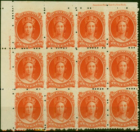 Nova Scotia 1860 10c Scarlet SG27 V.F MNH & LMM Imprint Corner Block of 12. Queen Victoria (1840-1901) Mint Stamps