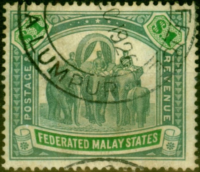 Old Postage Stamp from Fed of Malay States 1926 $1 Pale Green & Green SG76 Fine Used Fiscal Cancel