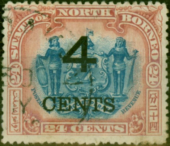 Rare Postage Stamp North Borneo 1899 4c on 24c Blue & Lake SG117b P.14 Fine Used