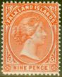 Rare Postage Stamp from Falkland Islands 1896 9d Pale Reddish Orange SG35 V.F Very Lightly Mtd Mint