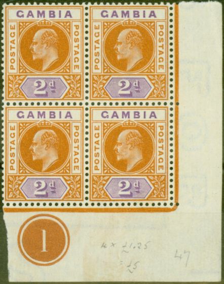 Collectible Postage Stamp from Gambia 1902 2d Orange & Mauve SG47 V.F MNH Pl 1 Corner Block of 4