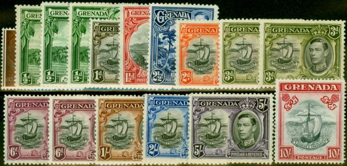 Old Postage Stamp from Grenada 1938-47 Extended Set of 15 SG152-163F Fine Lightly Mtd Mint