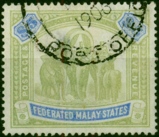 Fed of Malay States 1900 $5 Green & Pale Ultramarine SG25a Ave Fiscal Used . Queen Victoria (1840-1901) Used Stamps