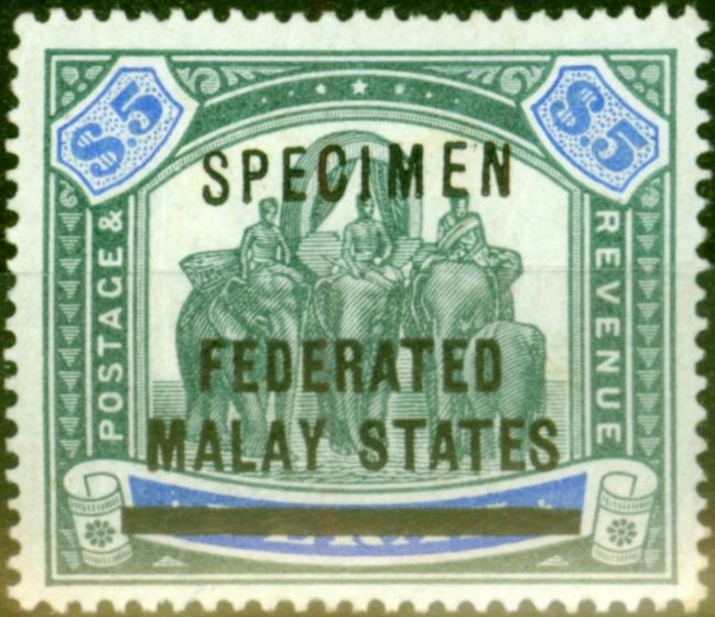 Collectible Postage Stamp from Fed of Malay States 1900 $5 Green & Ultramarine Specimen SG13s Fine & Fresh Lightly Mtd Mint