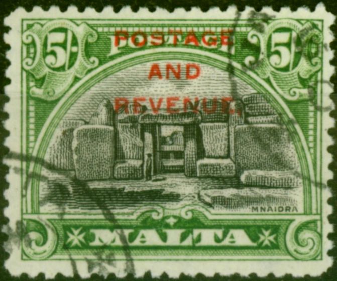 Rare Postage Stamp Malta 1928 5s Black & Green SG190 V.F.U