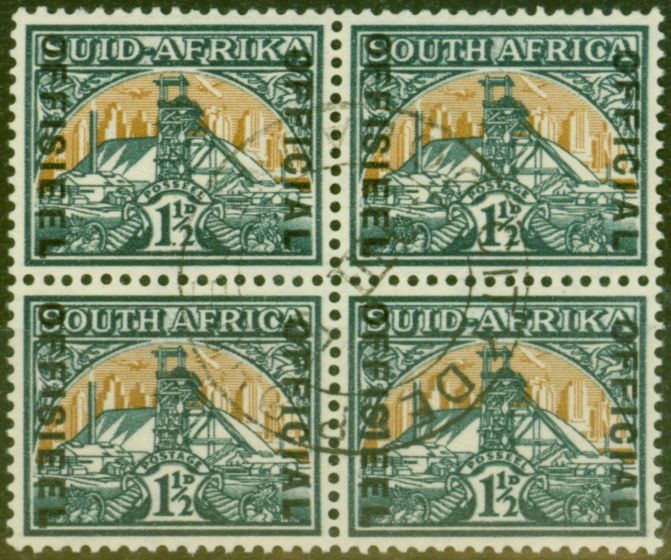 Old Postage Stamp from South Africa 1948 1 1/2d Blue-Green & Yellow-Buff SG033c V.F.U Block of 4, 2 pairs (4)