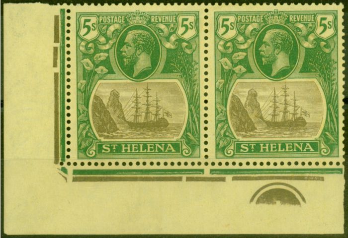 Collectible Postage Stamp from St Helena 1927 5s Grey & Green-Yellow SG110c Cleft Rock in a V.F Very Lightly Mtd Pl Corner Pair