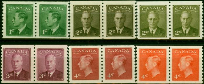 Collectible Postage Stamp Canada 1950-51 Coil Stamps Set of 6 SG419-422a V.F VLMM Pairs