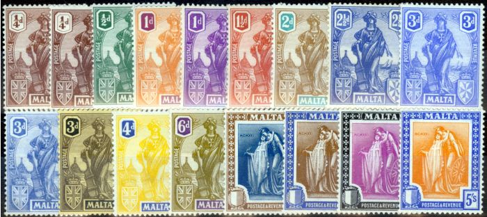 Rare Postage Stamp from Malta 1922-26 set of 17 to 5s SG123-137 Fine Very Lightly Mtd Mint