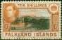 Rare Postage Stamp from Falkland Islands 1938 10s Black & Orange-Brown SG162 V.F.U