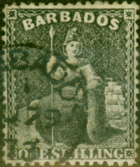 Rare Postage Stamp from Barbados 1871 1s Black SG51 P.15 Very Fine Used CDS
