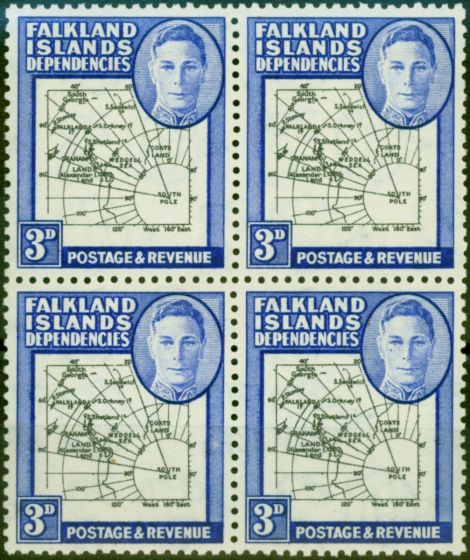 Valuable Postage Stamp Falkland Is Dep 1946 3d Black & Blue SGG4e 'Tear Drop' Superb MNH in Block of 4