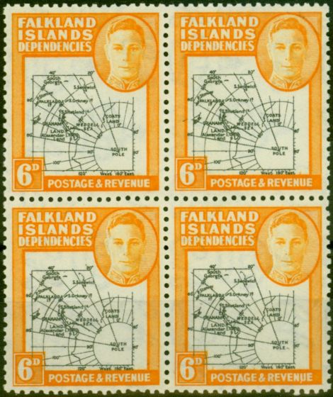 Collectible Postage Stamp Falkland Is Dep 1946 6d Black & Orange SGG6 Superb MNH Block of 4