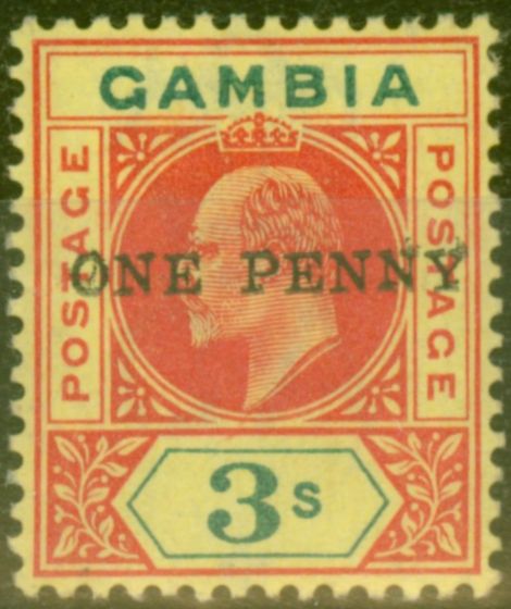 Rare Postage Stamp from Gambia 1906 1d on 3s Carmine & Green/Yellow SG70 V.F Lightly Mtd Mint