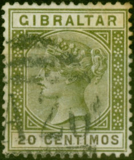 Rare Postage Stamp Gibraltar 1896 20c Olive-Green & Brown SG24 Good Used