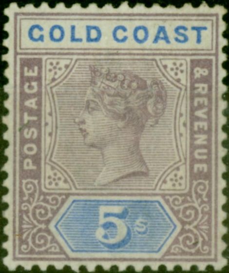 Old Postage Stamp Gold Coast 1899 5s Dull Mauve & Blue SG22 Fine VLMM