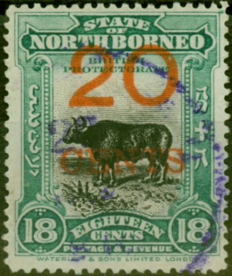 Old Postage Stamp North Borneo 1909 20c on 18c Blue-Green SG177a P.15 Fine Used