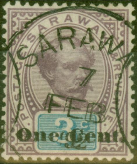 Valuable Postage Stamp from Sarawak 1892 1c on 3c Purple & Blue SG22 V.F.U