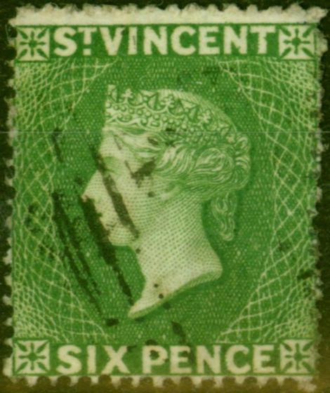 Old Postage Stamp from St Vincent 1861 6d Deep Yellow-Green SG2 Fine Used