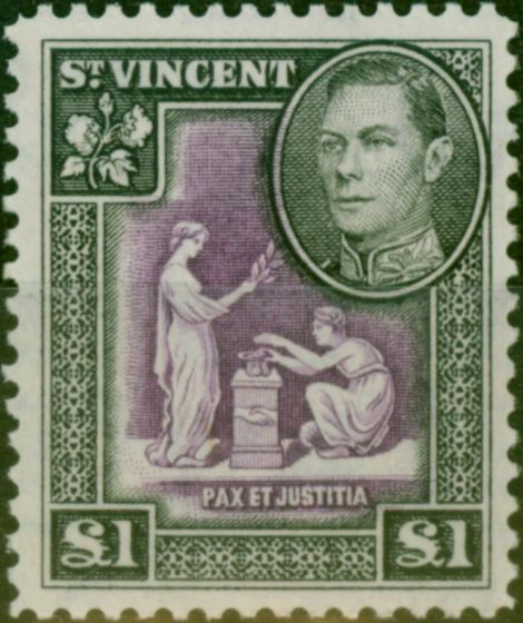 Old Postage Stamp St Vincent 1938 £1 Purple & Black SG159 V.F MNH