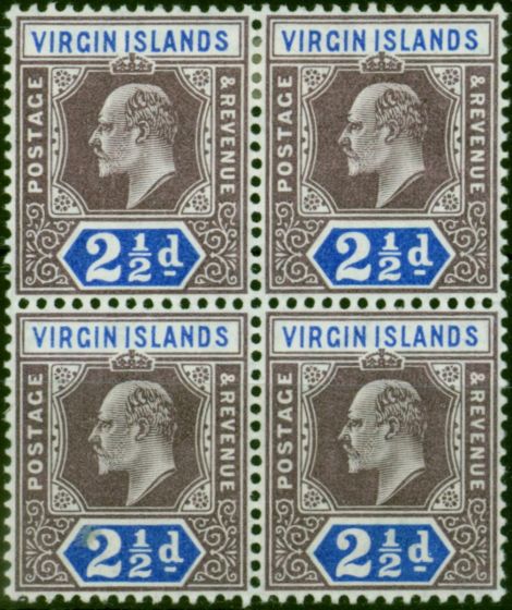Old Postage Stamp Virgin Islands 1904 2 1/2d Dull Purple & Ultramarine SG57 V.F MM & MNH Block of 4
