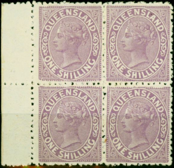 Valuable Postage Stamp Queensland 1895 1s Mauve SG205 Thick Paper P.12 Good MM & MNH Block of 4