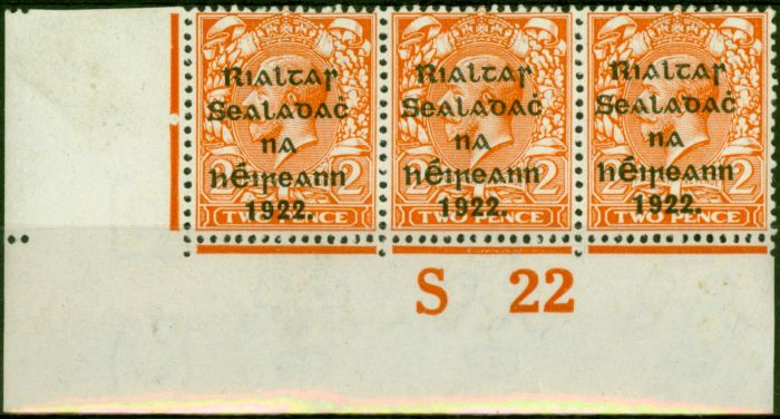 Collectible Postage Stamp from Ireland 1922 2d Orange SG34 Die II Very Fine LMM Control S22 Pl.16 Strip of 3