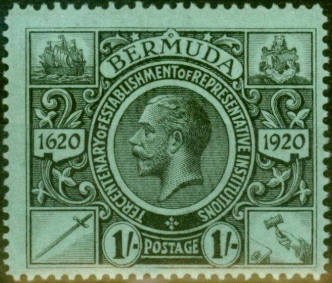 Old Postage Stamp Bermuda 1921 1s Black-Green SG73 Fine MM