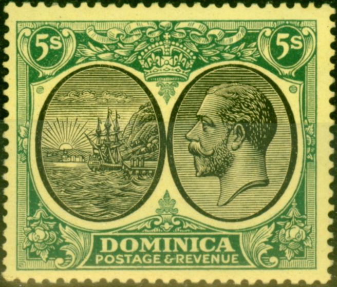 Old Postage Stamp from Dominica 1927 5s Black & Green-Yellow SG88 Fine Lightly Mtd Mint