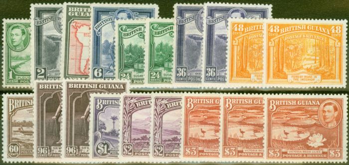 Rare Postage Stamp from British Guiana 1938-52 Extended set of 19 SG308-319b V.F Very Lightly Mtd Mint