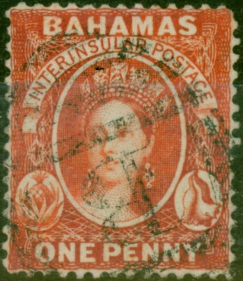 Rare Postage Stamp from Bahamas 1877 1d Scarlet-Vermilion SG33x P.14 Wmk Reversed Fine Used