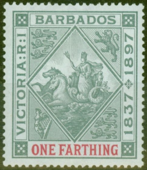 Rare Postage Stamp from Barbados 1897 1/4d Grey & Carmine SG125 Blued Paper Fine Lightly Mtd Mint