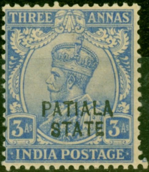 Valuable Postage Stamp from Patiala 1926 3a Ultramarine SG62 Fine Mtd Mint