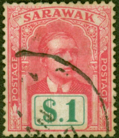 Old Postage Stamp from Sarawak 1918 $1 Brt Rose & Green SG61 Fine Used