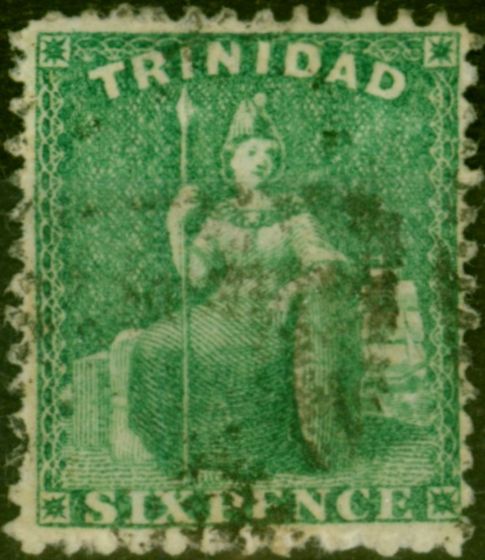 Valuable Postage Stamp Trinidad 1863 6d Emerald-Green SG65 P.13 Fine Used