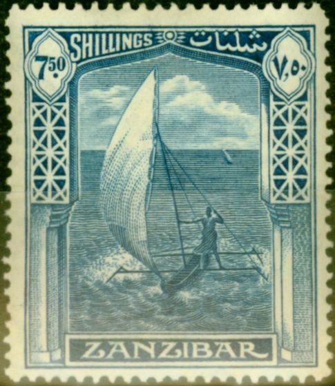 Old Postage Stamp from Zanzibar 1936 7s50 Lightly Blue SG321 Fine Lightly Mtd Mint