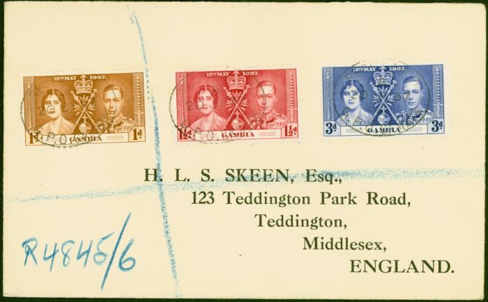 Rare Postage Stamp from Gambia 1937 Coronation Set of 3 on Registered Cover to England V.F & Attractive