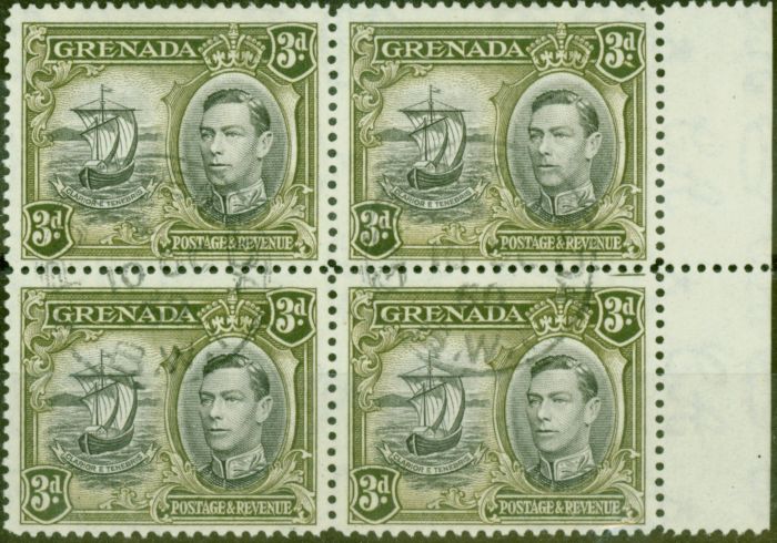 Old Postage Stamp from Grenada 1950 3d Black & Brown-Olive SG158ba Colon Flaw in a V.F.U Block of 4