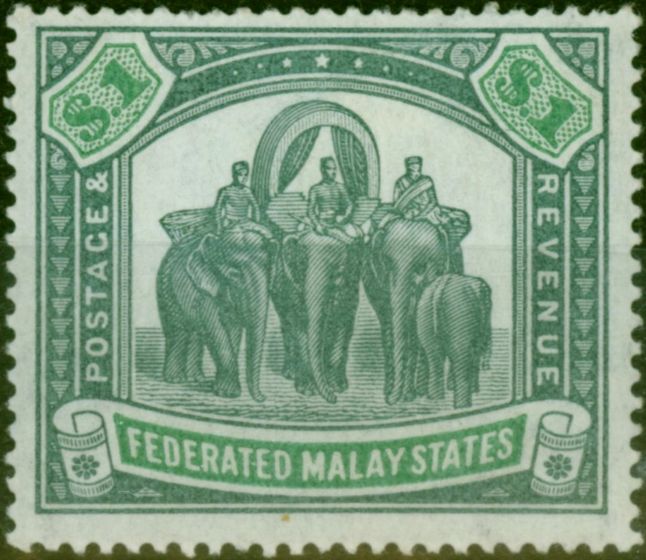 Rare Postage Stamp Fed of Malay States 1907 $1 Grey-Green & Green SG48 Fine LMM