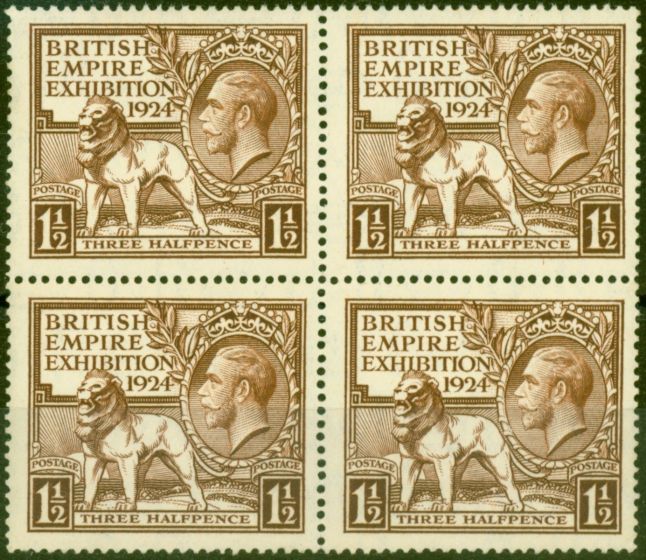 Old Postage Stamp from GB 1924 1 1/2d Brown SG431 Fine MNH Block of 4