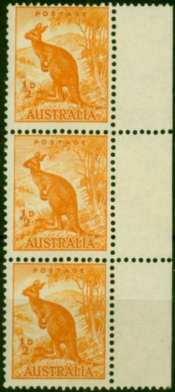 Australia 1949 1/2d Orange SG228b 'Sky Retouch' V.F MNH in Vertical Strip of 3. King George VI (1936-1952) Mint Stamps