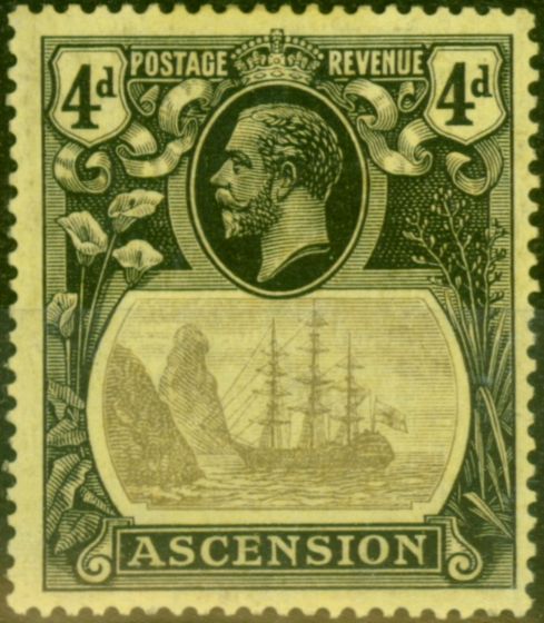 Old Postage Stamp from Ascension 1924 4d Grey-Black & Black-Yellow SG15 Fine & Fresh Mtd Mint