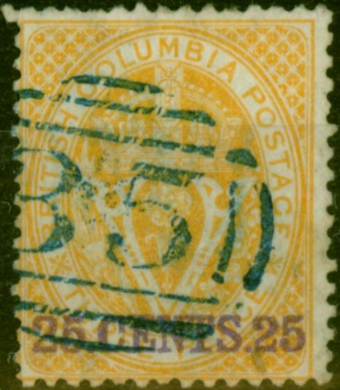 Rare Postage Stamp British Columbia 1869 25c Yellow SG31 Good Used Stamp