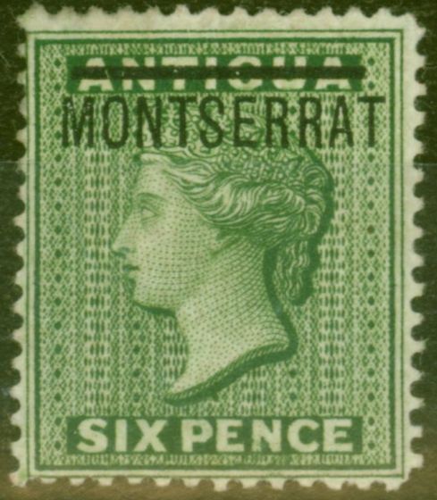 Old Postage Stamp from Montserrat 1876 6d Green SG2b Inverted S Superb Lightly Mtd Mint Rare Ex-Sir Ron Brierley