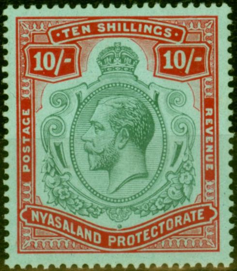 Valuable Postage Stamp from Nyasaland 1913 10s Pale Green & Deep Scarlet-Green SG96 Fine & Fresh Mtd Mint