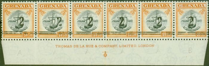 Old Postage Stamp from Grenada 1965 2 on $1.50 Black & Orange Var Setting A & B in a V.F MNH Imprint Strip of 6