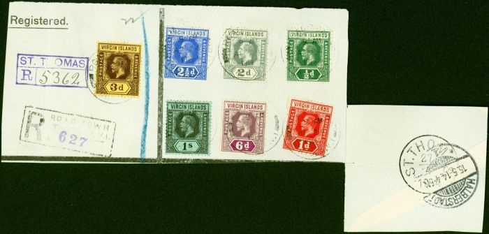 Collectible Postage Stamp from Virgin Is 1914 Part Reg Cover/Large Piece  to Germany Bearing SG69-75  'AP 24 1914' CDS